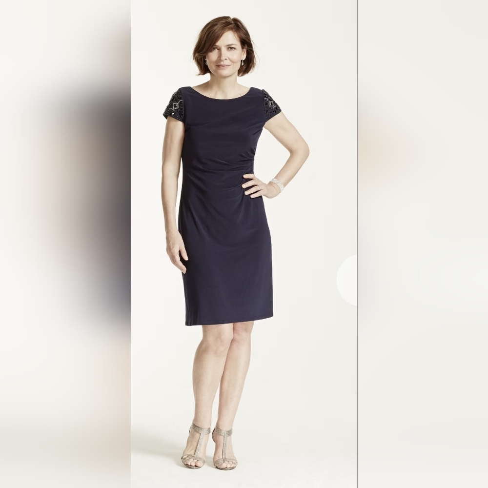 NWT Eliza J Mid Length Beaded Capped Shoulders Dress Navy